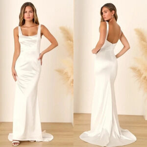 Lulu's Sensational Promise White Satin Square Neck Mermaid Maxi Dress XL Wedding